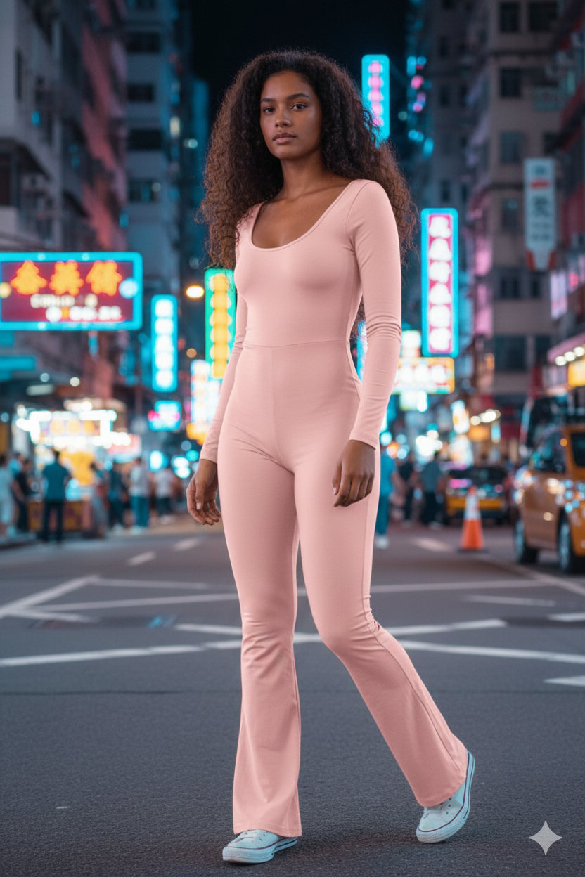 Fitted Microfiber Jumpsuit with Flared Pants & Push-Up Detailing