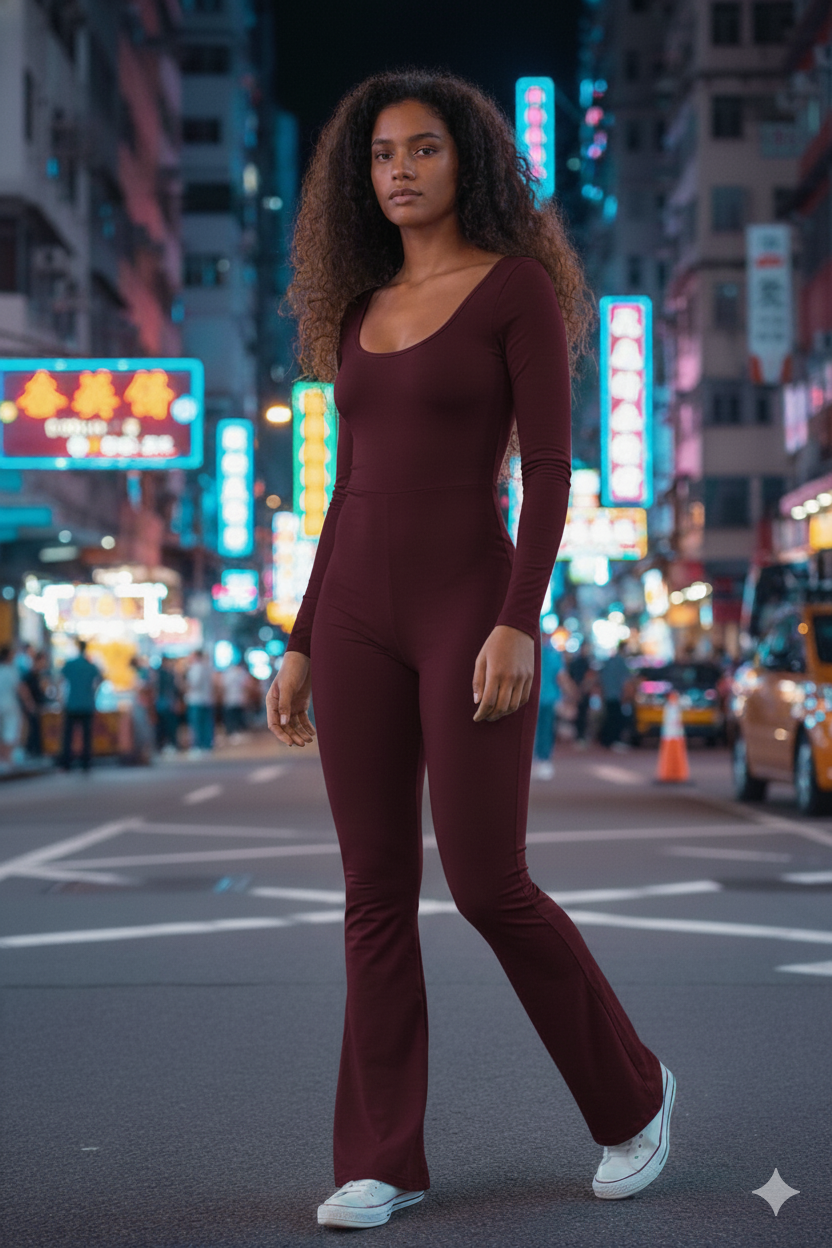 Fitted Microfiber Jumpsuit with Flared Pants & Push-Up Detailing