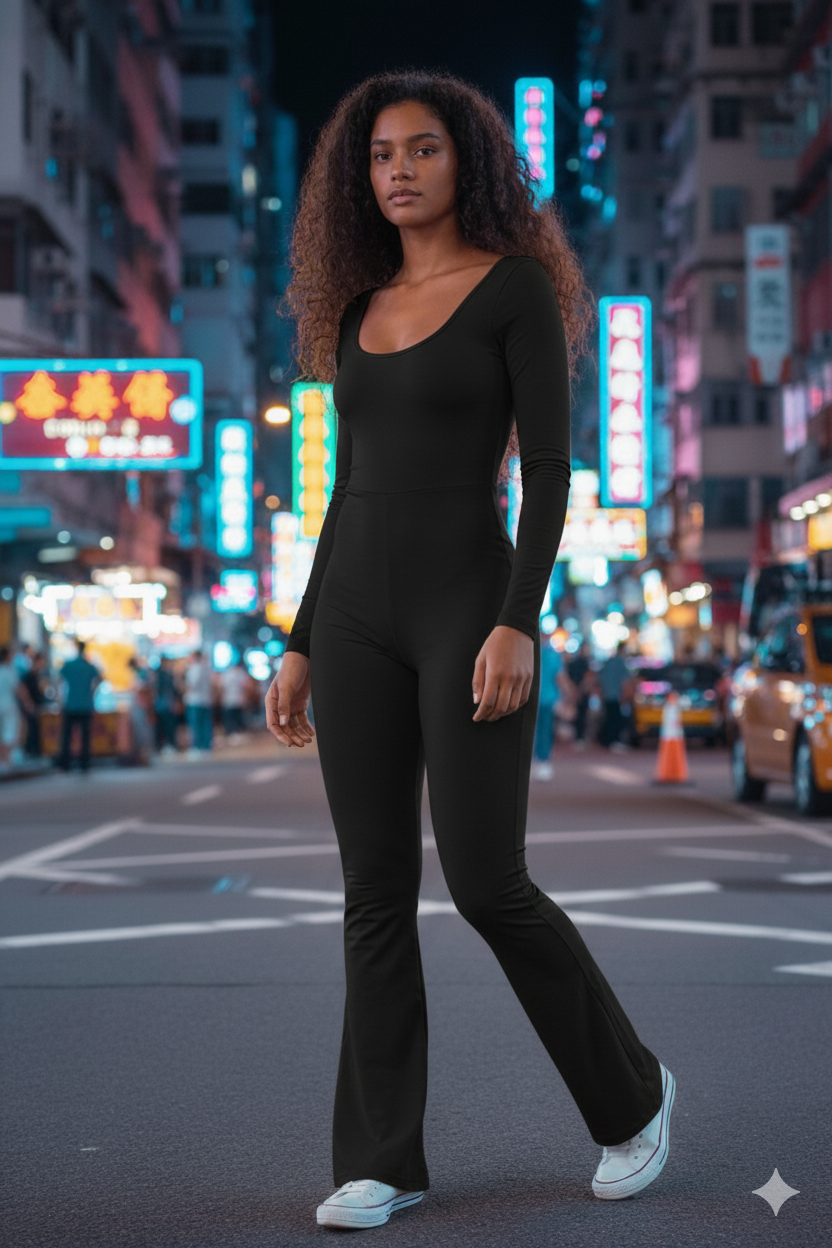 Fitted Microfiber Jumpsuit with Flared Pants & Push-Up Detailing