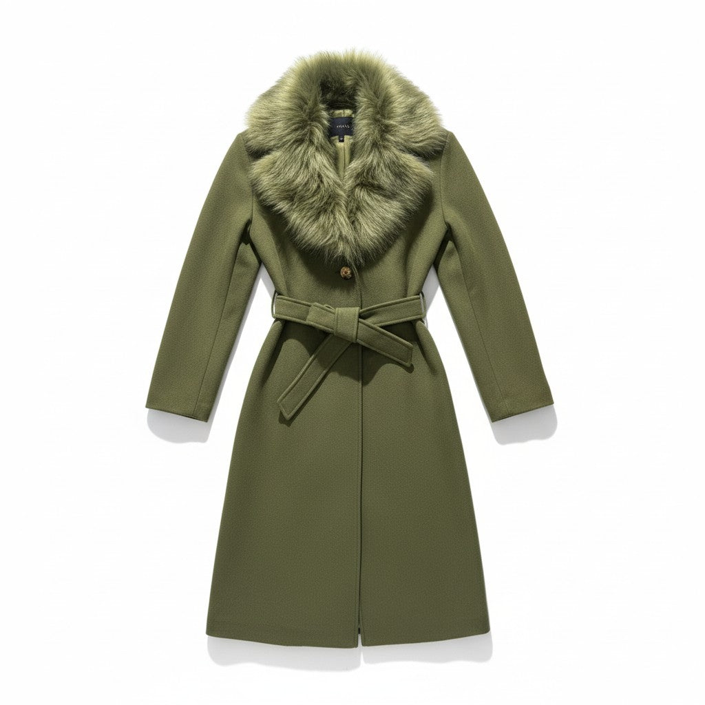 Women’s green coat with faux fur collar – long, elegant and warm