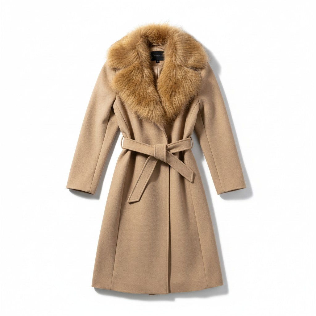 Women’s coat with faux fur collar – long, elegant and warm