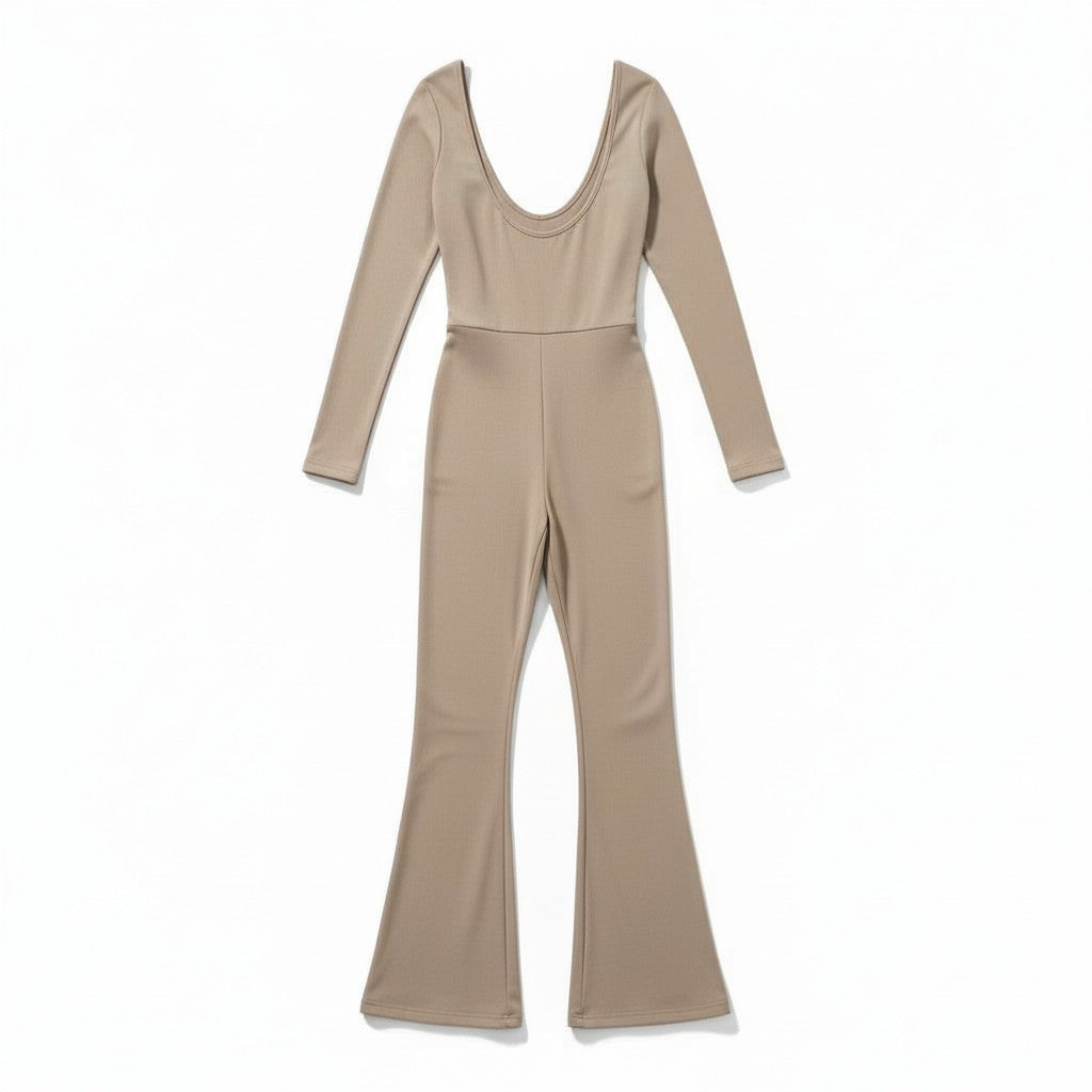 Fitted Microfiber Jumpsuit with Flared Pants & Push-Up Detailing