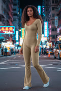 Fitted Microfiber Jumpsuit with Flared Pants & Push-Up Detailing