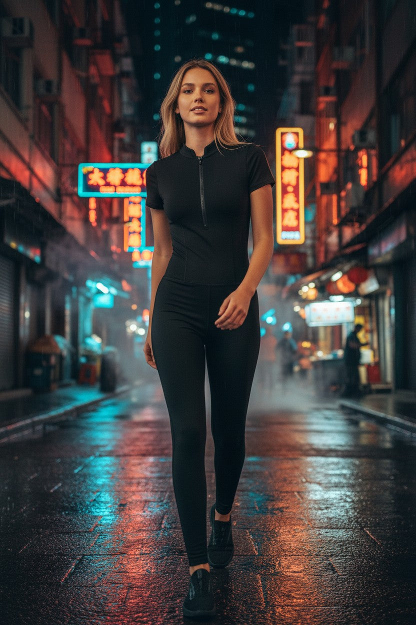 Women's Fitted Microfiber Jumpsuit with Front Zipper