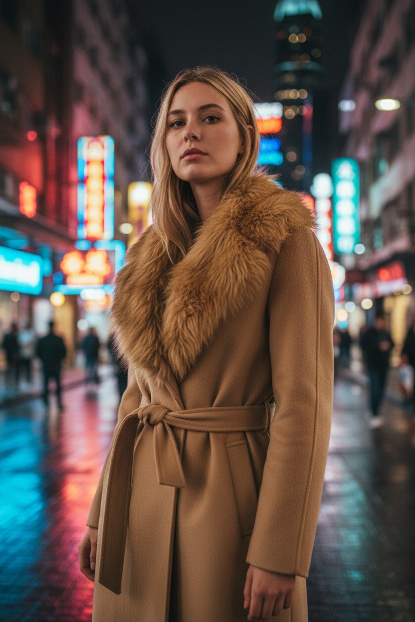 Women’s coat with faux fur collar – long, elegant and warm