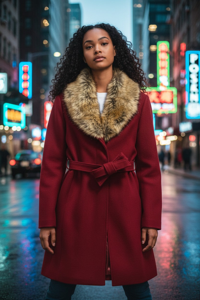 Women’s coat with faux fur collar – long, elegant and warm