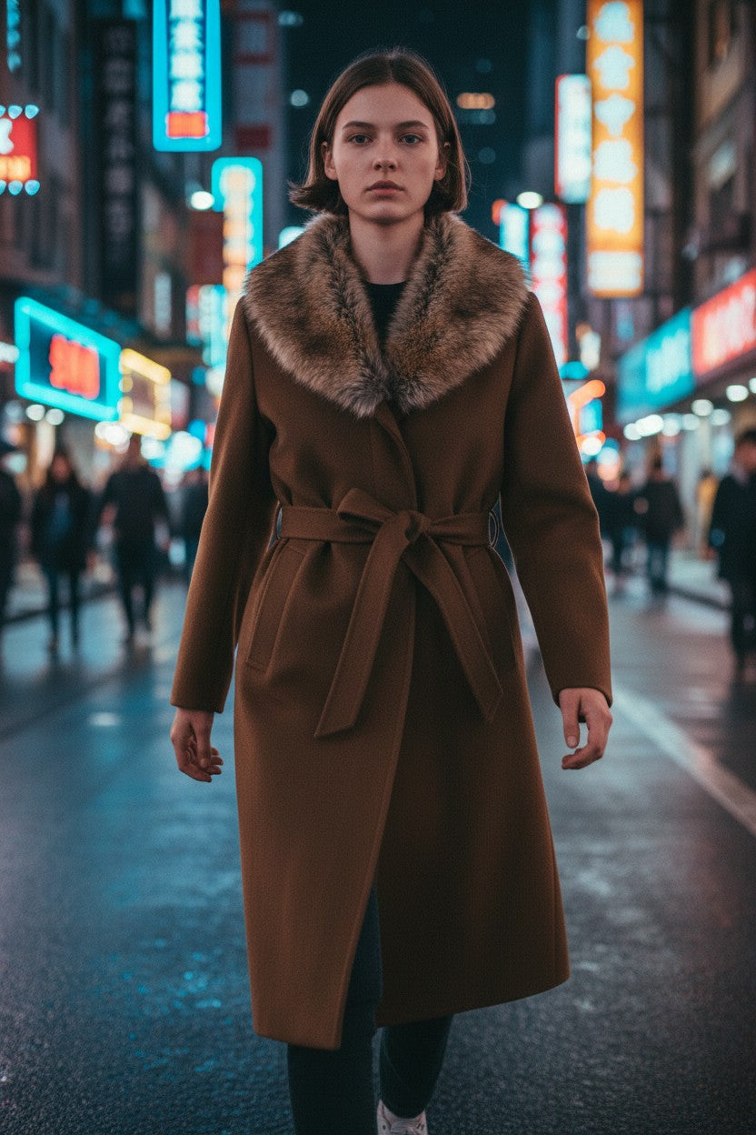 Women’s coat with faux fur collar – long, elegant and warm