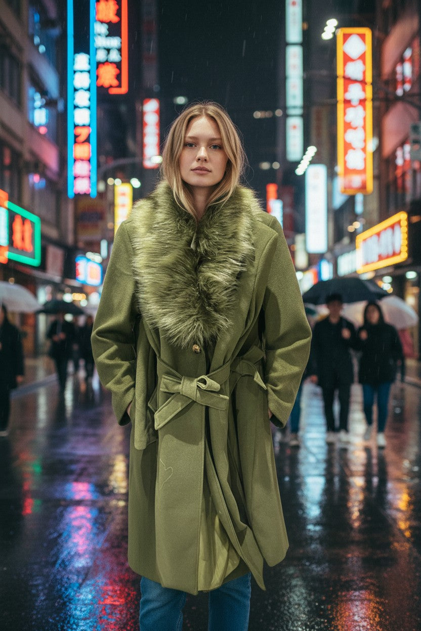 Women’s green coat with faux fur collar – long, elegant and warm