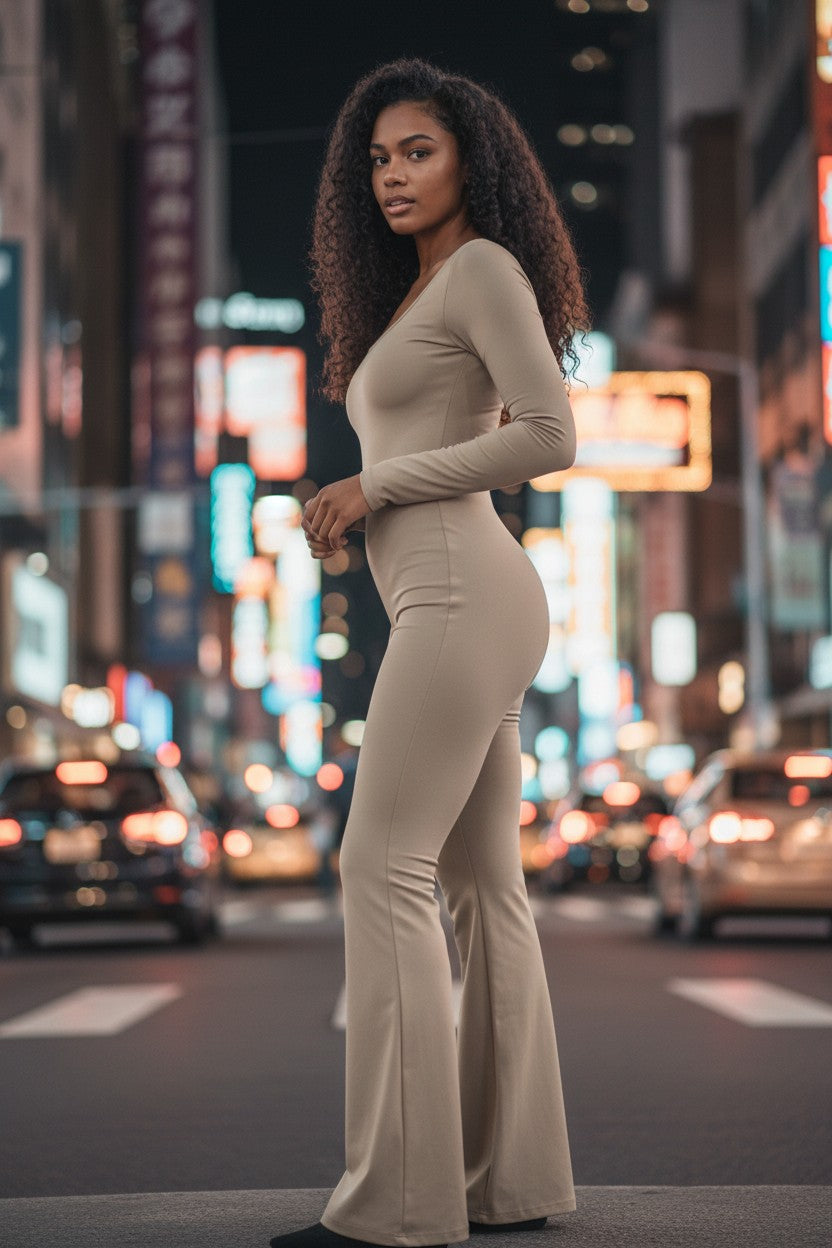 Fitted Microfiber Jumpsuit with Flared Pants & Push-Up Detailing