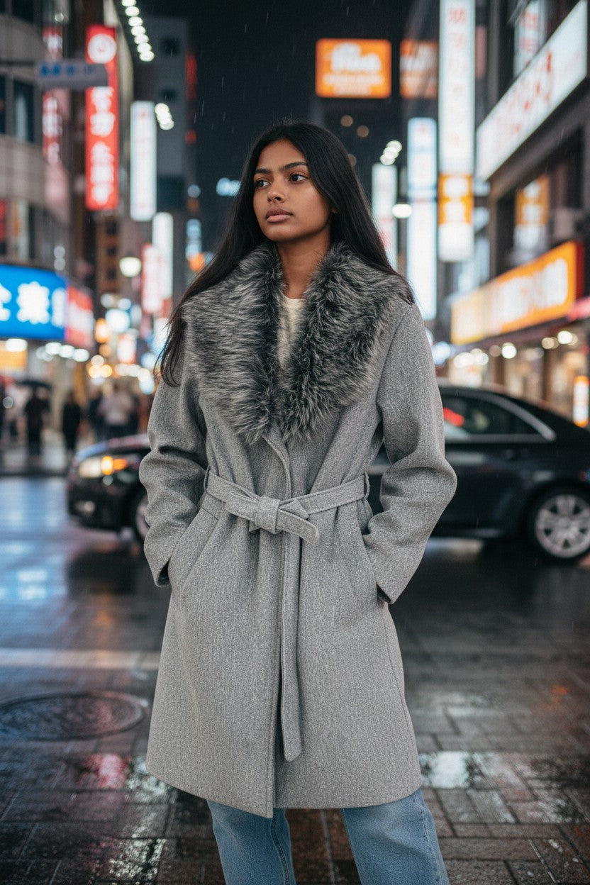 Women’s green coat with faux fur collar – long, elegant and warm