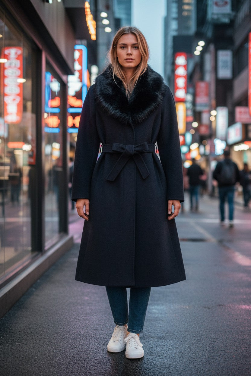Women’s green coat with faux fur collar – long, elegant and warm