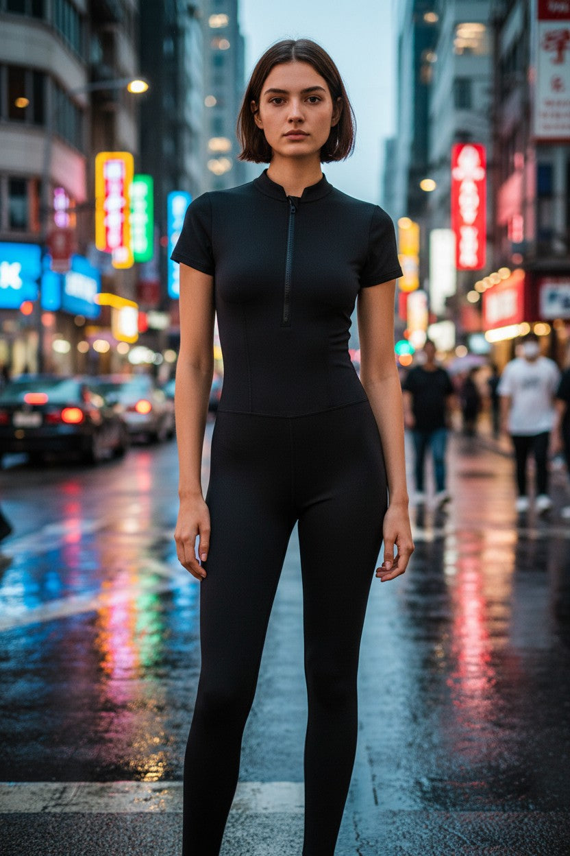 Women's Fitted Microfiber Jumpsuit with Front Zipper