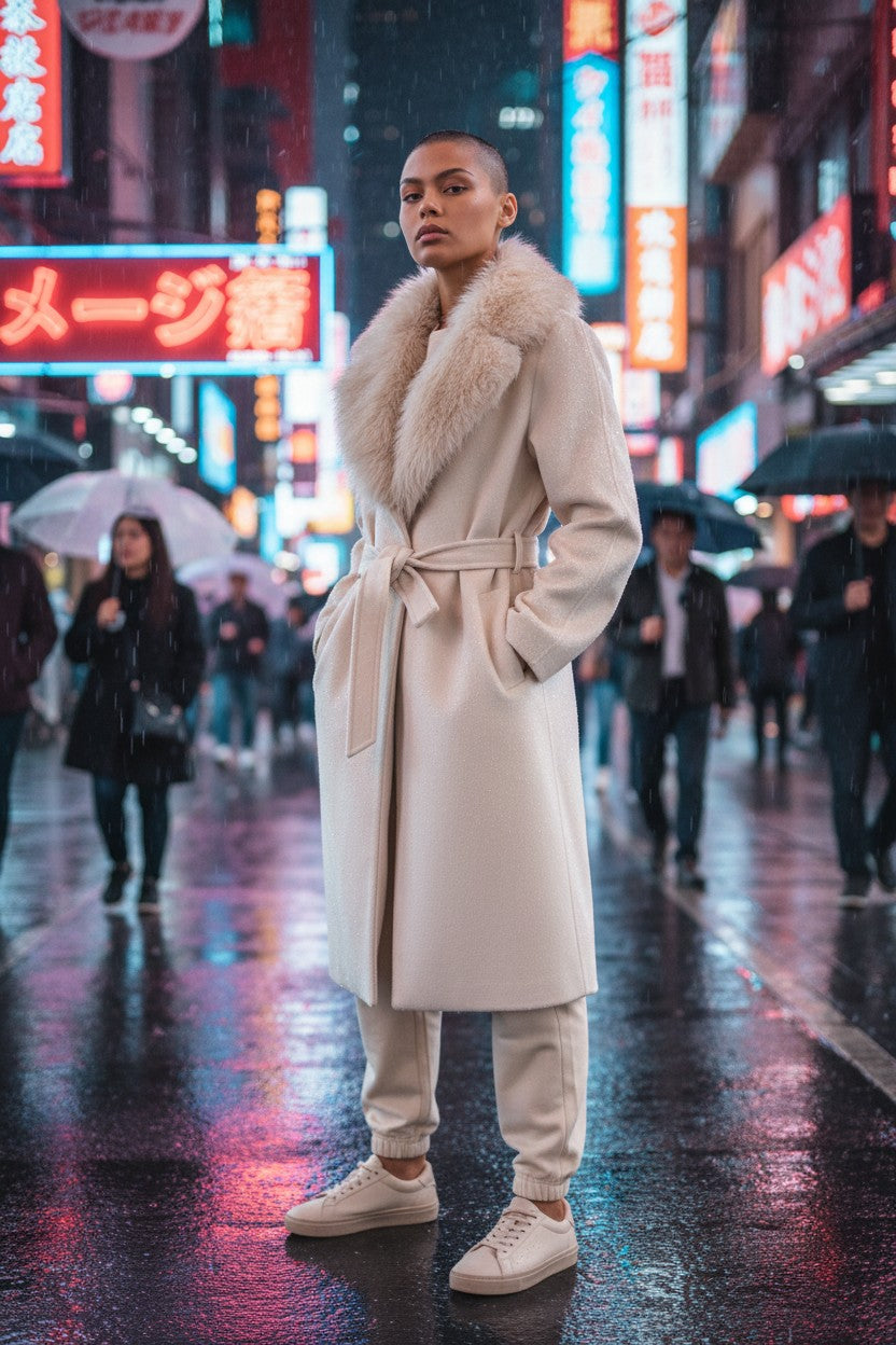 Women’s coat with faux fur collar – long, elegant and warm