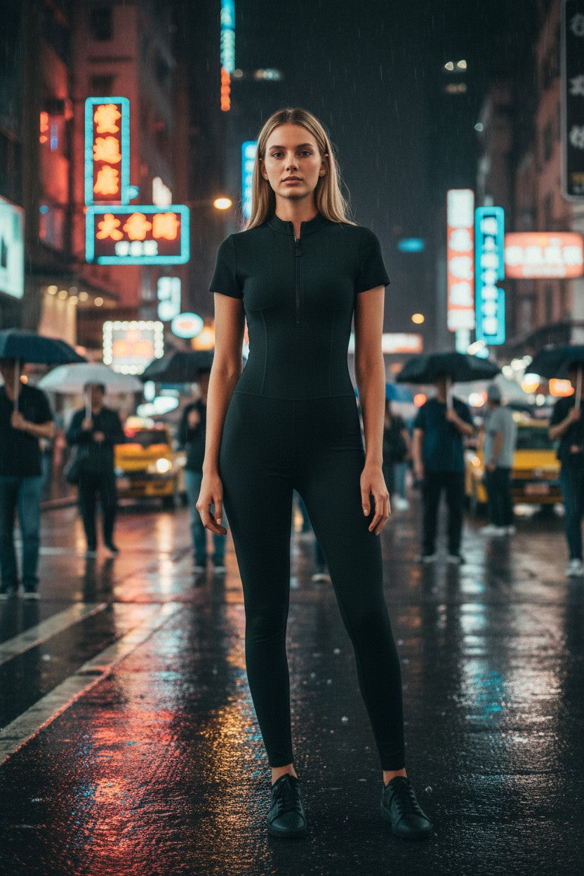 Women's Fitted Microfiber Jumpsuit with Front Zipper