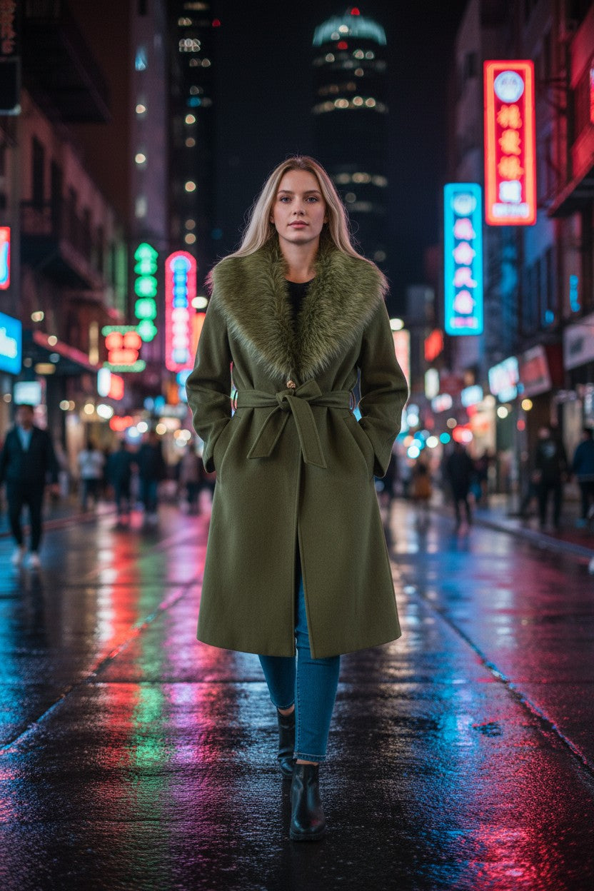 Women’s green coat with faux fur collar – long, elegant and warm