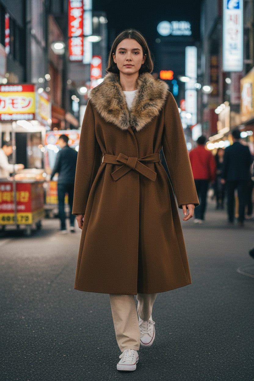 Women’s coat with faux fur collar – long, elegant and warm