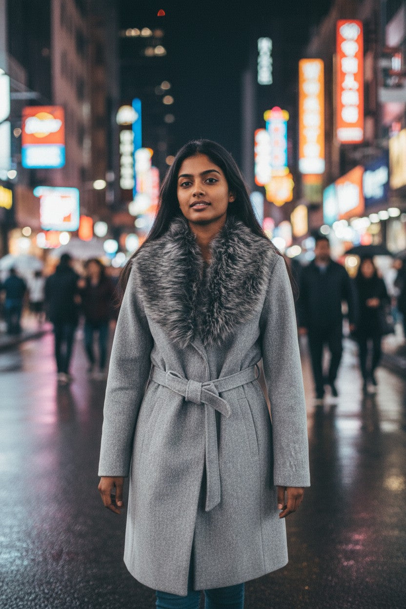 Women’s green coat with faux fur collar – long, elegant and warm