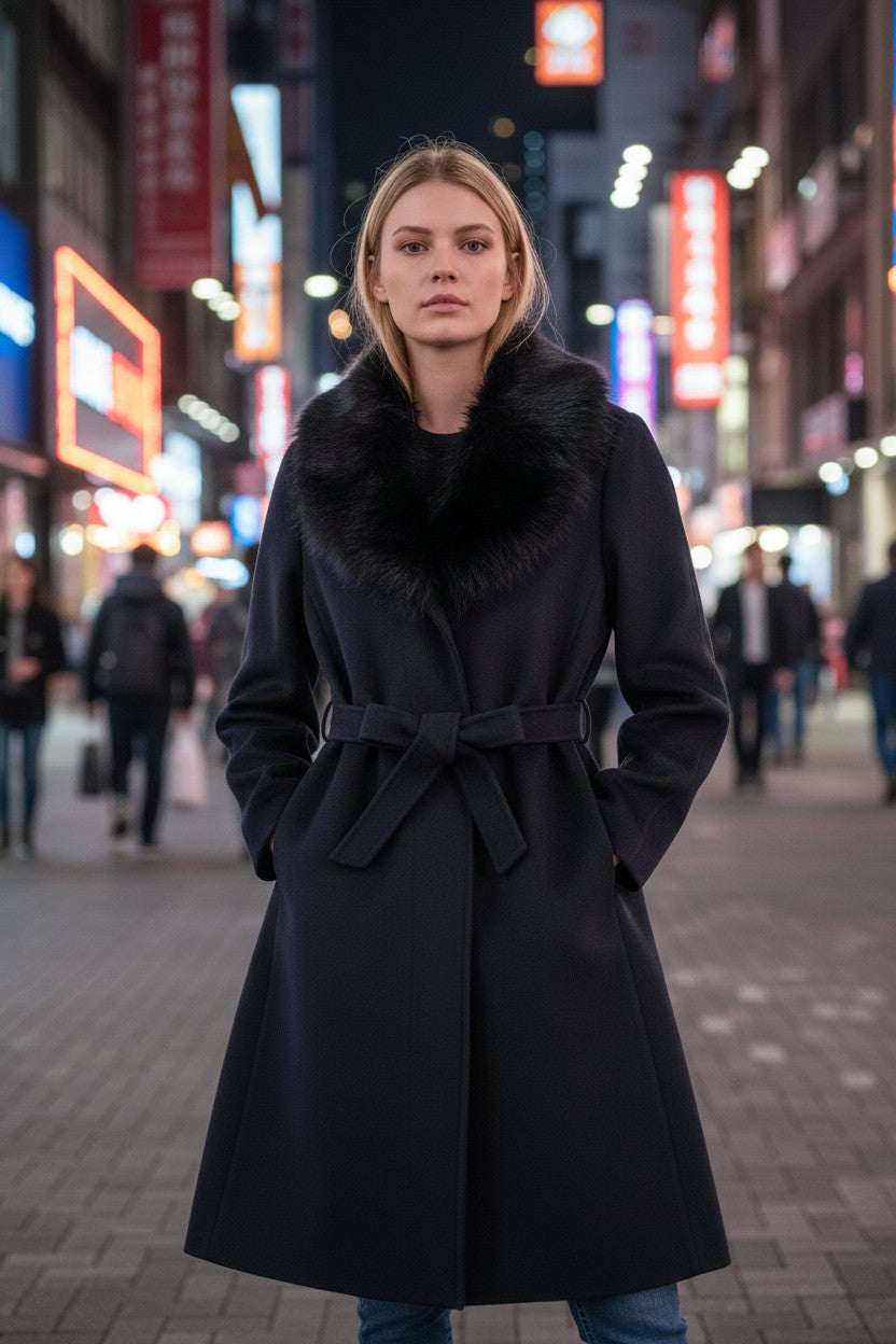 Women’s green coat with faux fur collar – long, elegant and warm