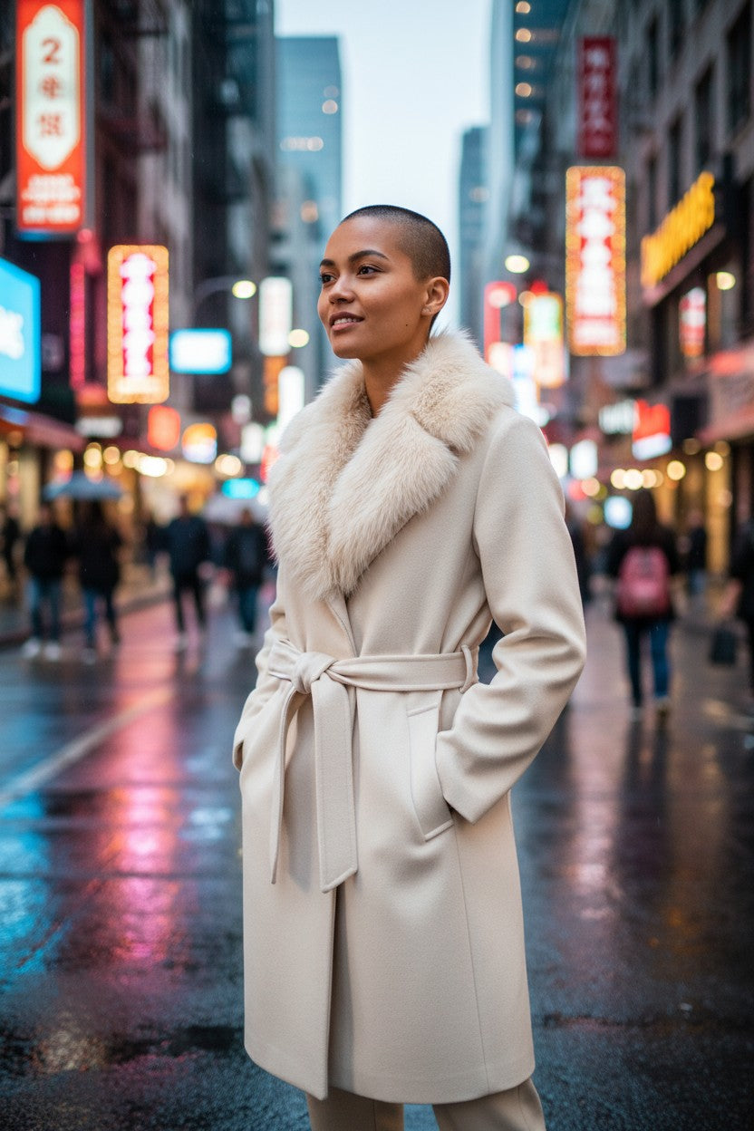 Women’s coat with faux fur collar – long, elegant and warm